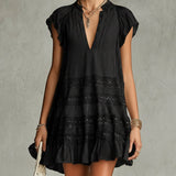 Rochie mini din șifon cu dantelă și dungi negre