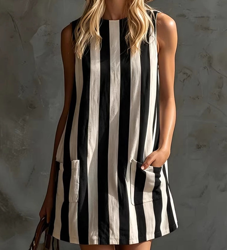 Rochie mini fără mâneci cu dungi retro