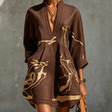 Rochie mini neagră din dantelă croșetată cu imprimeu auriu