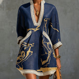 Rochie mini bleumarin din dantelă croșetată cu imprimeu auriu