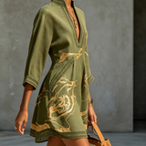 Rochie mini neagră din dantelă croșetată cu imprimeu auriu