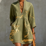 Rochie mini neagră din dantelă croșetată cu imprimeu auriu