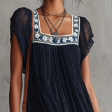 Rochie mini din șifon plisat cu broderie florală bleumarin