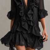 Rochie mini din șifon negru cu volane