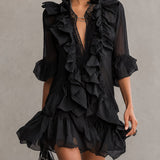 Rochie mini din șifon negru cu volane