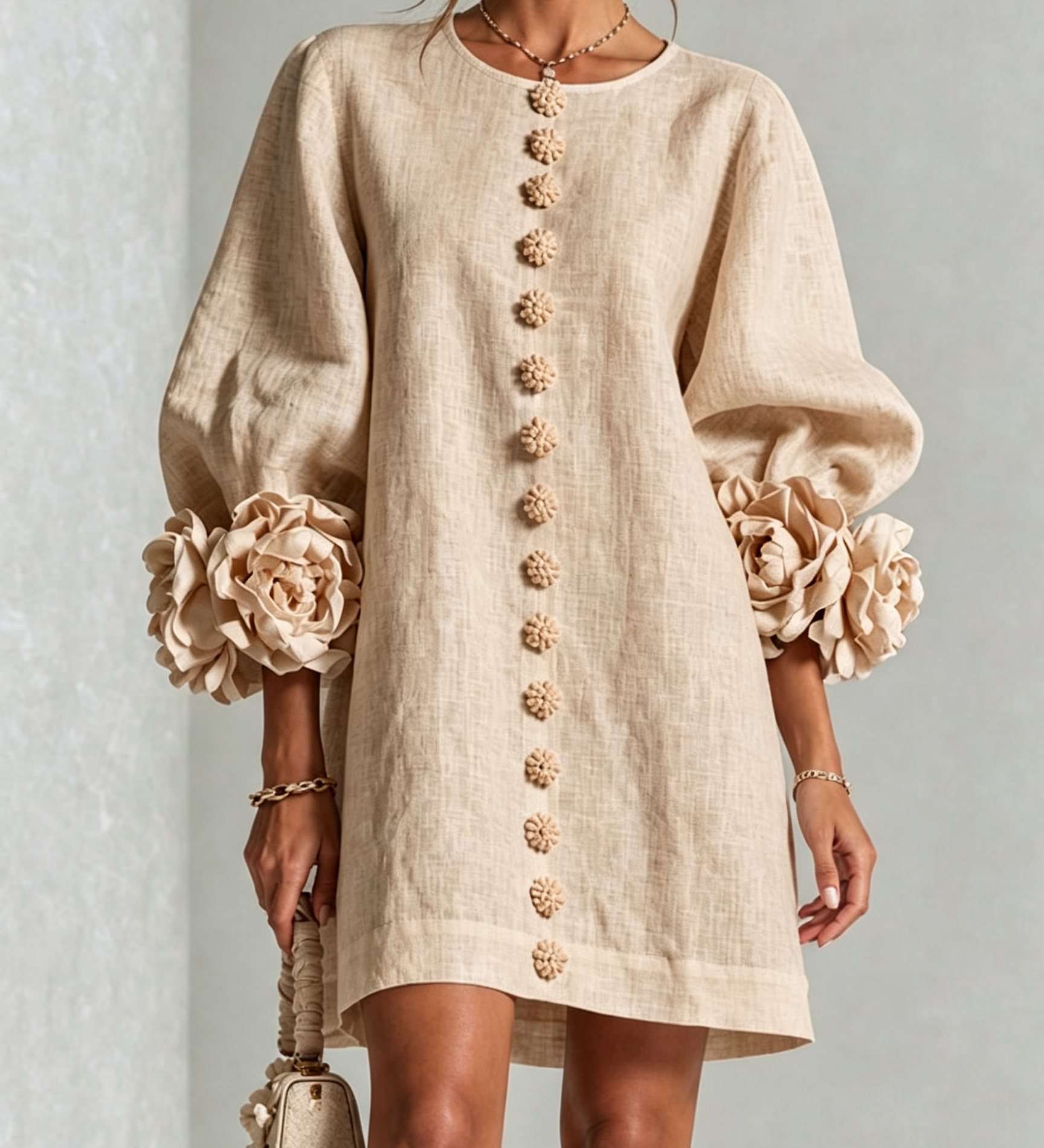 Rochie mini albă cu flori și manșete decorate