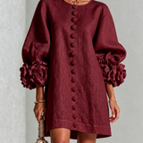 Rochie mini bordo cu nasturi florali și manșete florale