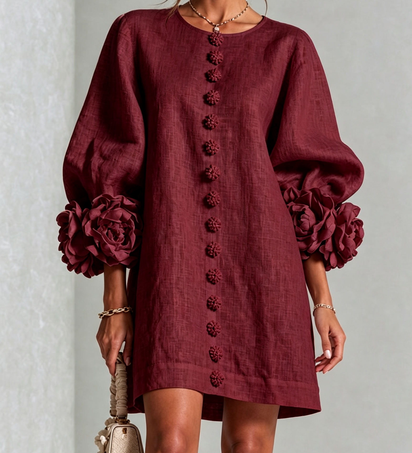 Rochie mini albă cu flori și manșete decorate