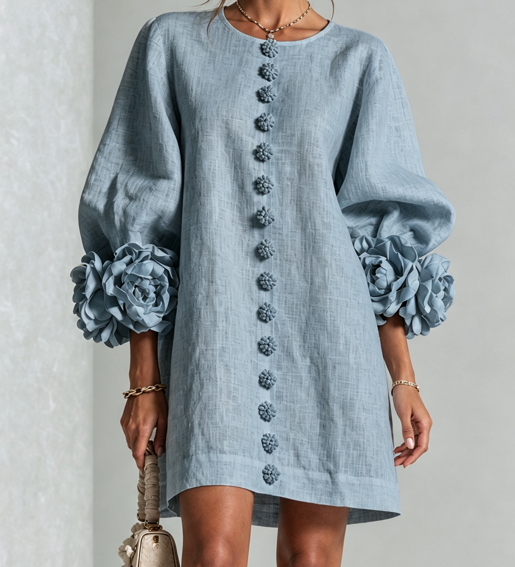 Rochie mini albă cu flori și manșete decorate