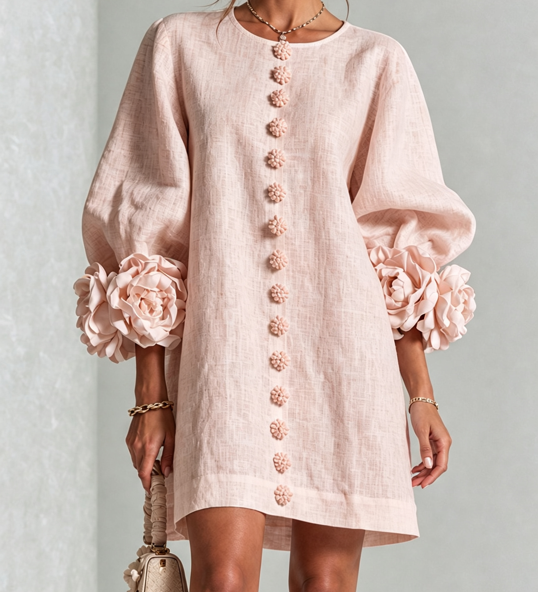 Rochie mini albă cu flori și manșete decorate