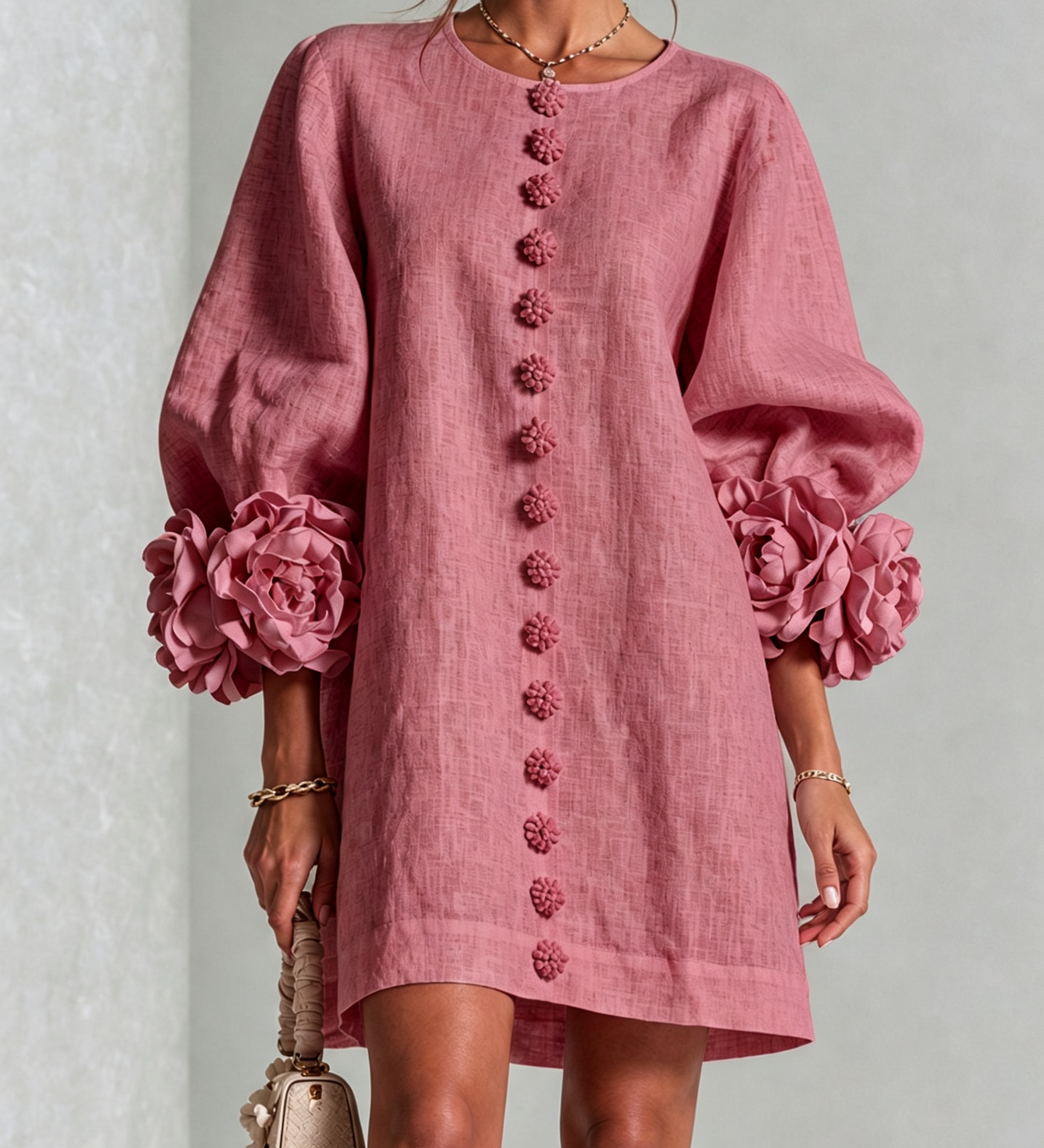 Rochie mini albă cu flori și manșete decorate