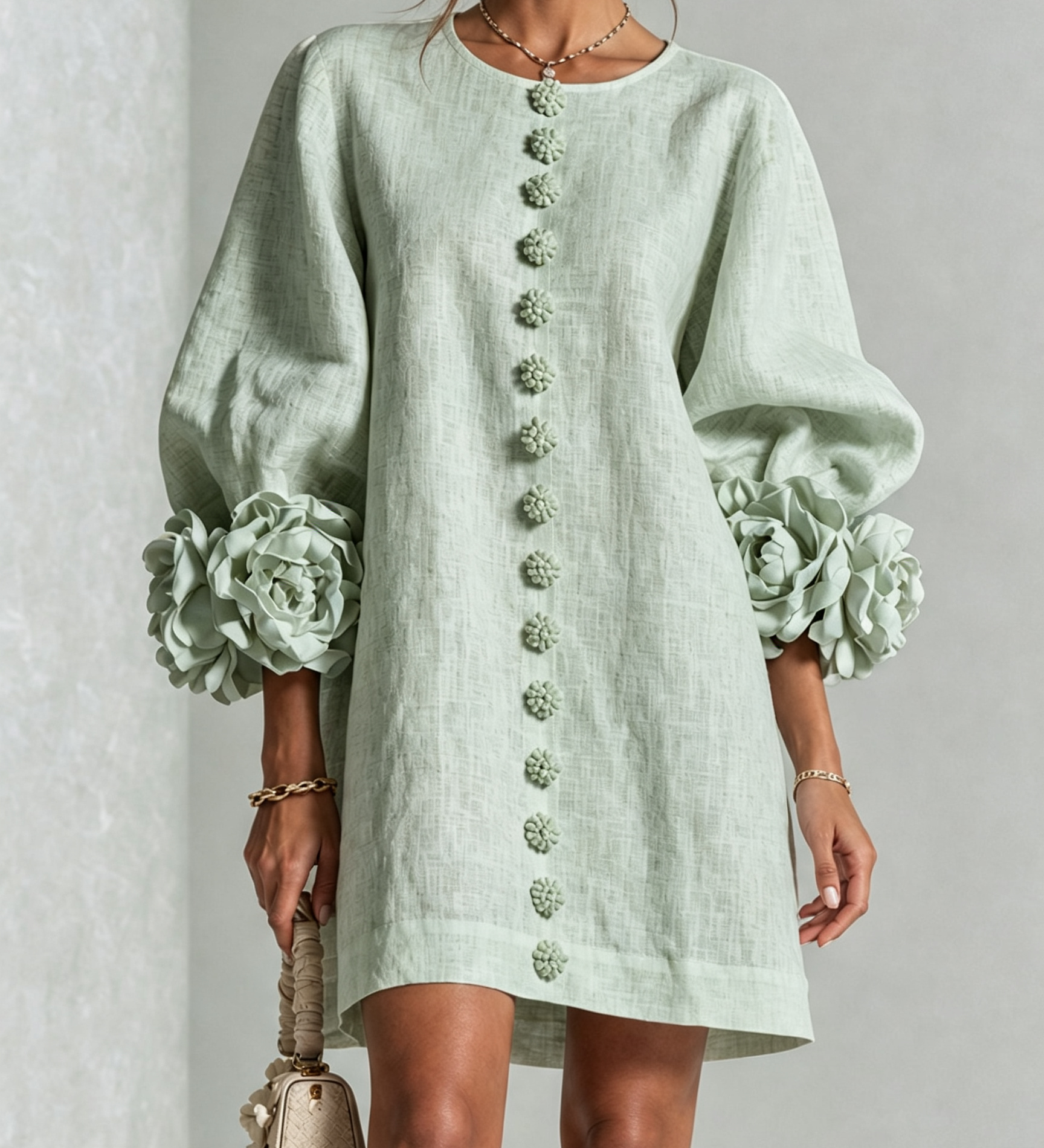 Rochie mini albă cu flori și manșete decorate
