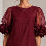 Rochie mini bordo din organza cu mâneci bufante