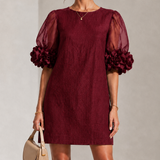Rochie mini bordo din organza cu mâneci bufante