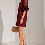 Rochie mini bordo din organza cu mâneci bufante