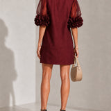 Rochie mini bordo din organza cu mâneci bufante