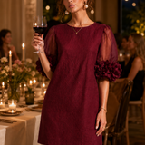 Rochie mini bordo din organza cu mâneci bufante