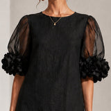 Rochie mini neagră din organza cu mâneci bufante