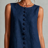 Rochie mini bleumarin fără mâneci cu flori și nasturi