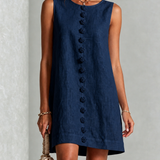 Rochie mini bleumarin fără mâneci cu flori și nasturi