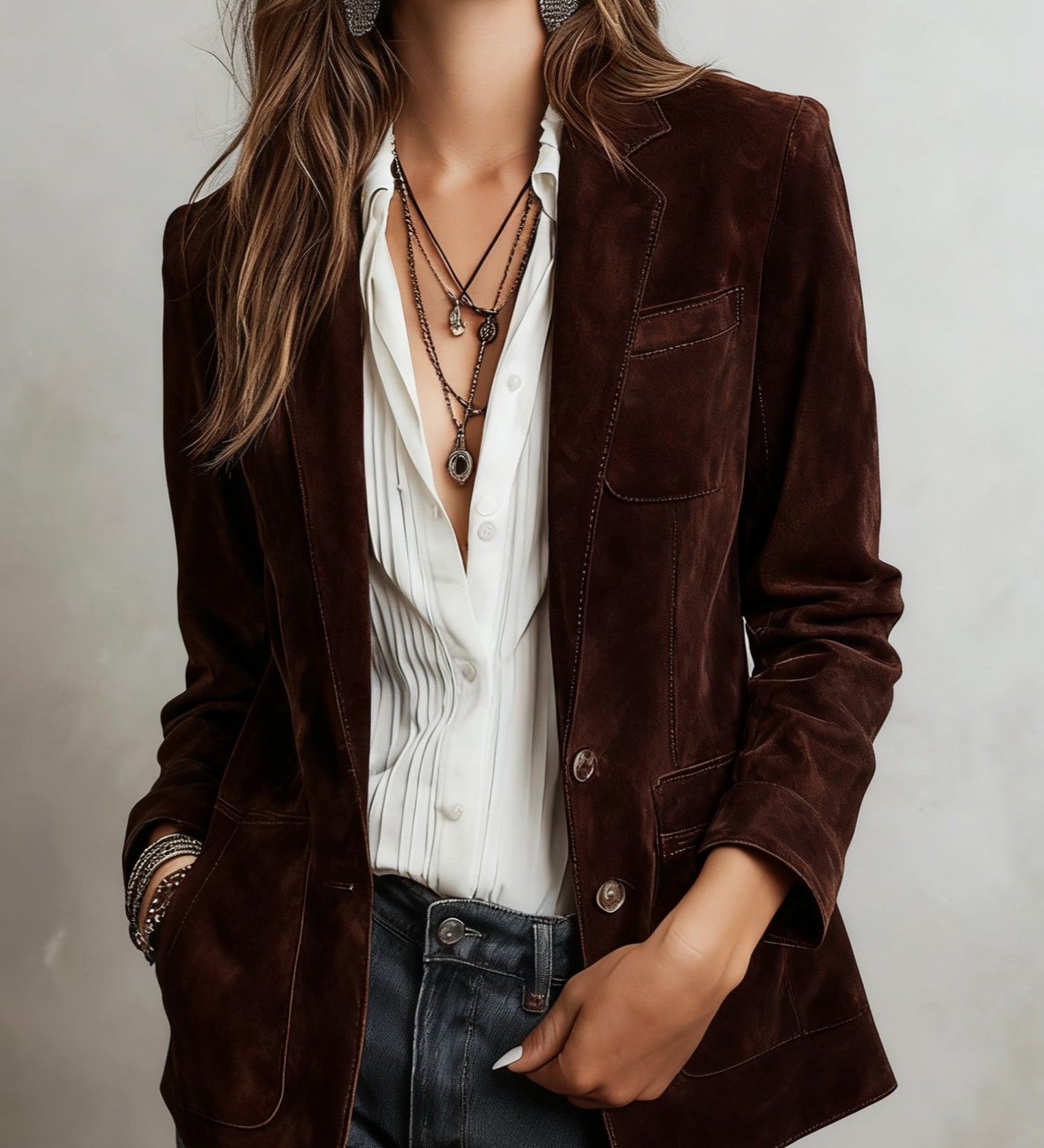 Viola – Jachetă vintage din suede cu cusături contrastante
