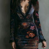 Rochie mini mulată din catifea cu imprimeu floral și decolteu în V