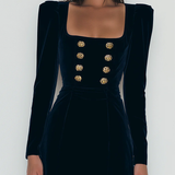Rochie mini elegantă din catifea albastră cu nasturi aurii