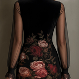 Rochie mini din tul cu imprimeu de trandafiri și dantelă