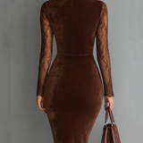 Rochie mini din catifea cu decolteu tip cheie și mâneci din dantelă