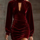 Rochie mini din catifea cu guler înalt și decupaj