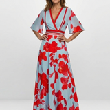 Corinne | Rochie Maxi Floral cu Mâneci Scurte și Decolteu în V