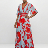 Corinne | Rochie Maxi Floral cu Mâneci Scurte și Decolteu în V