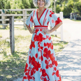 Corinne | Rochie Maxi Floral cu Mâneci Scurte și Decolteu în V