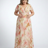 Elara | Rochie Maxi Floral cu Guler în V și Mâneci Scurte