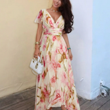 Elara | Rochie Maxi Floral cu Guler în V și Mâneci Scurte