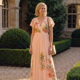Calista | Rochie Maxi Florală cu Mâneci Scurte și Decolteu în V