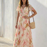 Elara | Rochie Maxi Floral cu Guler în V și Mâneci Scurte