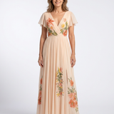 Calista | Rochie Maxi Florală cu Mâneci Scurte și Decolteu în V