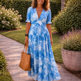 Ione | Rochie midi cu mânecă scurtă și decolteu în V, florală