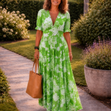Ione | Rochie midi cu mânecă scurtă și decolteu în V, florală