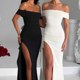 KIM | Rochie Maxi din Satin cu Umeri Decupați