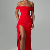 KIM | Rochie Maxi din Satin cu Umeri Decupați