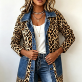 Madeleine | Jachetă Lungă cu Aspect de Denim și Imprimeu Leopard