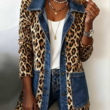Madeleine | Jachetă Lungă cu Aspect de Denim și Imprimeu Leopard