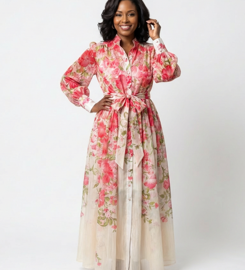 Cressida - Rochie maxi transparentă cu mâneci lungi și imprimeu floral